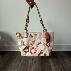 Vintage Coach Cream and Pink Leather Tote with Pink and Tan Circular Appliqués